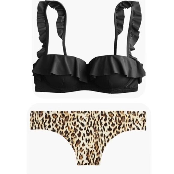 J. Crew Ruffle Underwire Bikini in Tan Leopard Size 32A Top, Small Bottom NWT